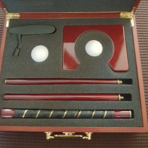 Executive Portable Practice Golf Putter Set In Wood Case Collapsible Office Set